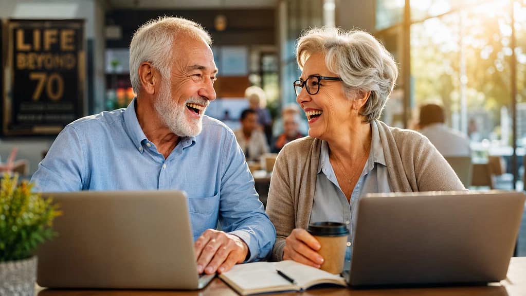 A happy senior man and woman collaborating on a project together, symbolizing social connection.