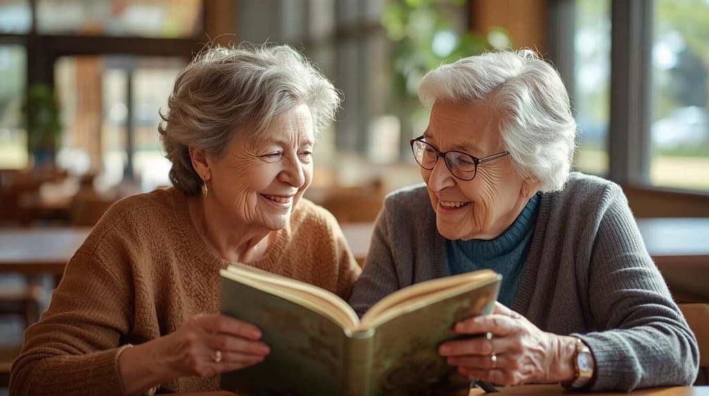 An older woman volunteering at a community literacy center, smiling at a colleague.