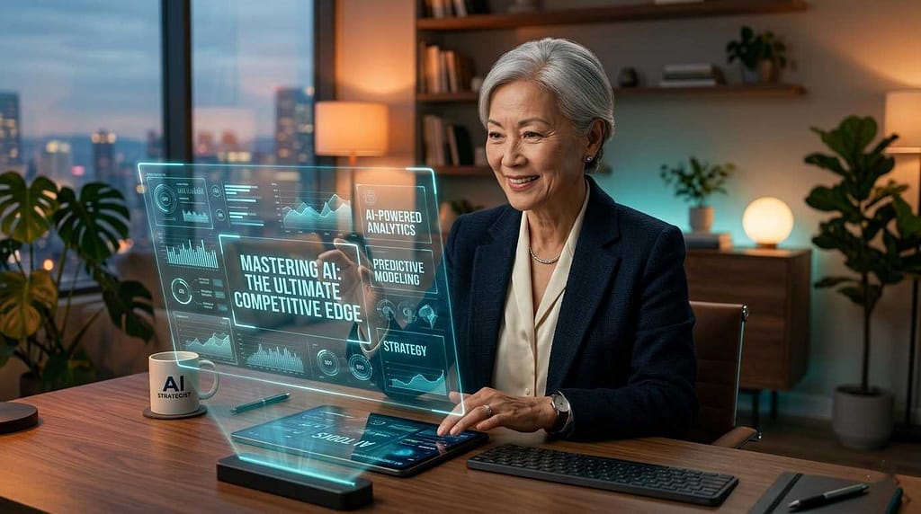A sophisticated senior woman with silver hair using a holographic AI interface in a modern home office, titled Mastering AI for Seniors.