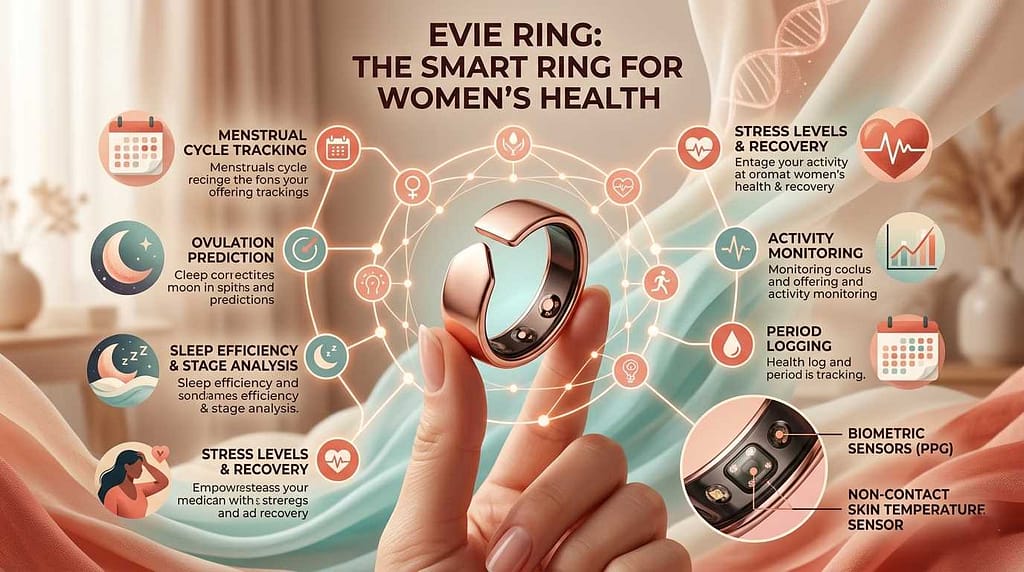 Infographic of Rose Gold Evie Ring for women's health tracking including menstrual cycle, ovulation prediction, and sleep analysis.