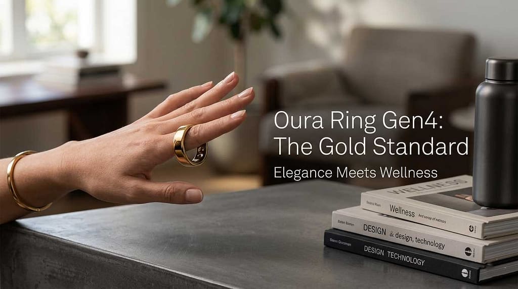 Gold Oura Ring Gen4 on a finger with "The Gold Standard" text overlay in a modern interior.