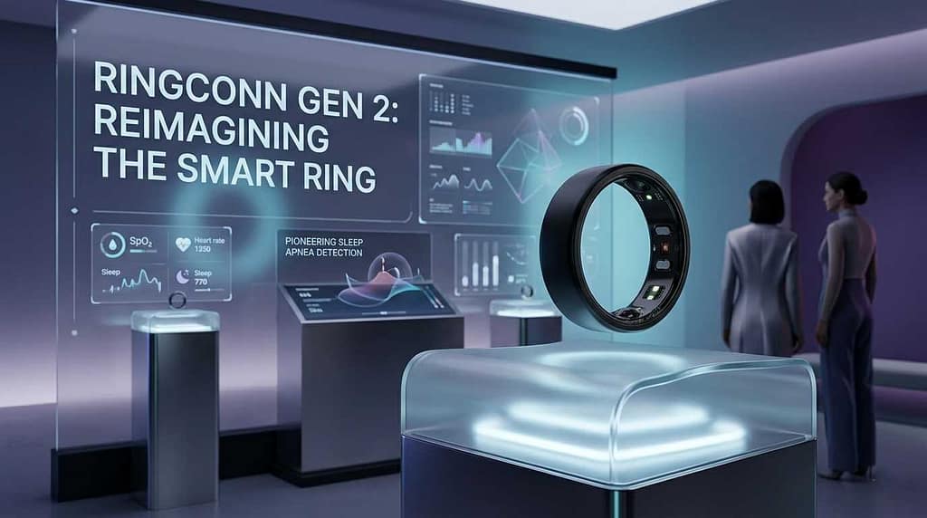A black RingConn Gen 2 smart ring displayed in a futuristic laboratory with digital health data screens showing sleep apnea detection.