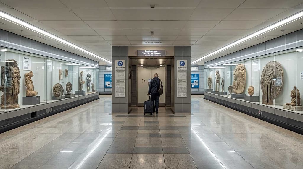 Clean and modern Syntagma metro station in Athens with clear English signage.