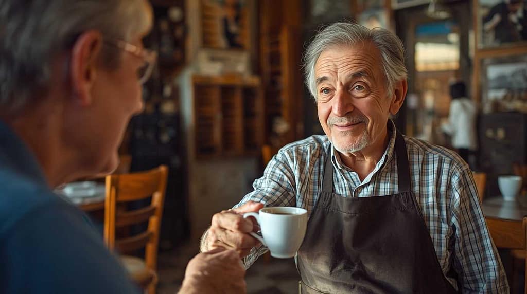 Friendly local Greek cafe owner serving traditional coffee in Athens.