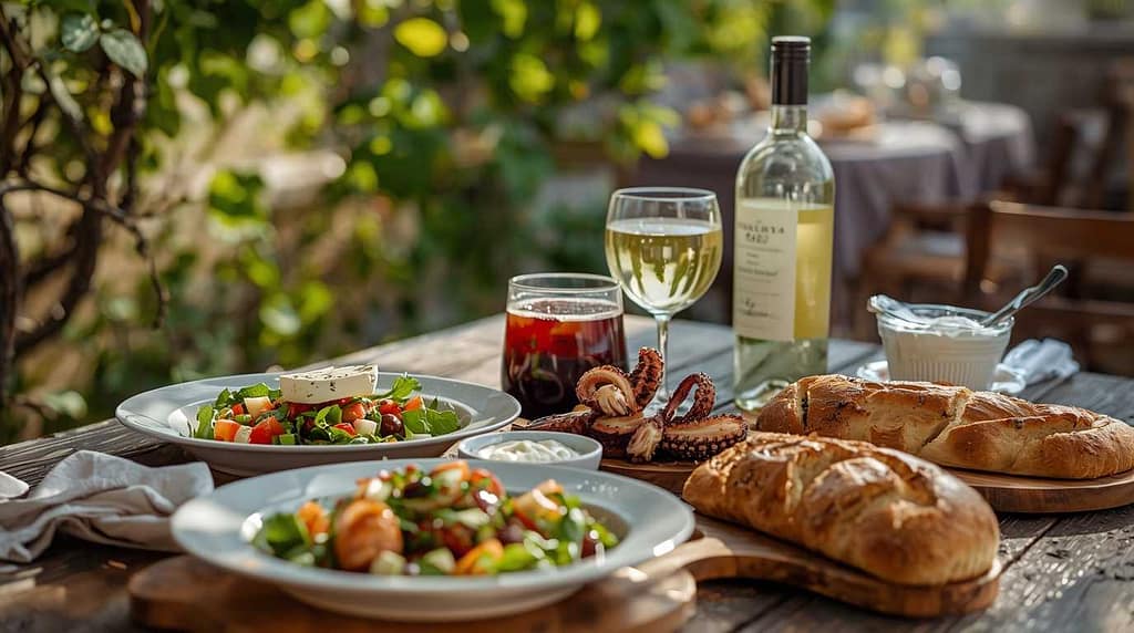 A spread of traditional Greek food on a taverna table in Athens.