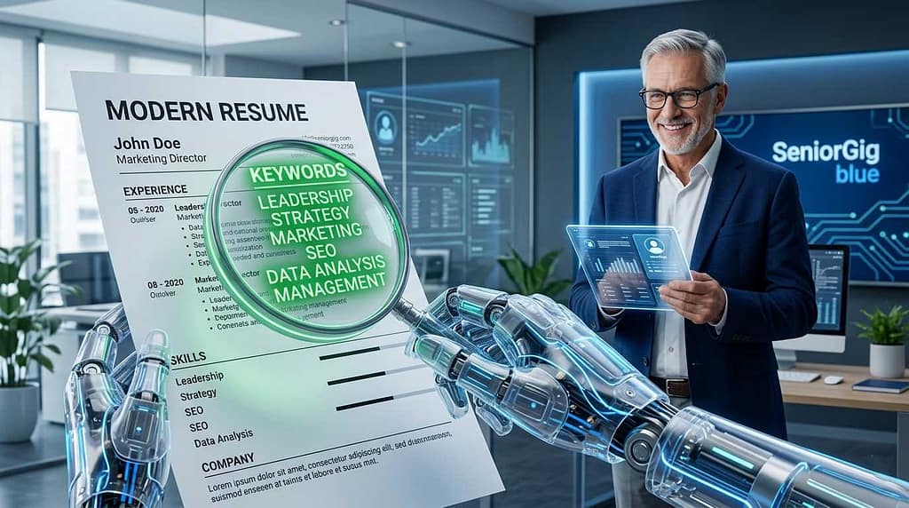 Digital AI robot scanning a resume with green checkmarks for keywords.