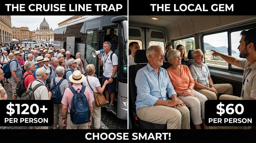 Seniors over 60 comparing cruise line shore excursions with independent local tours.