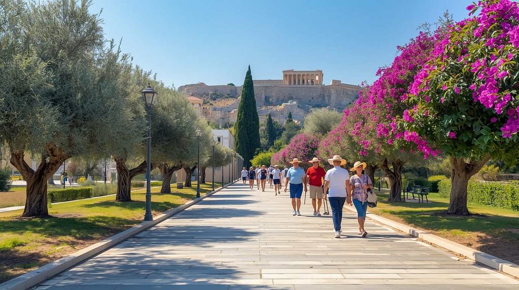 Senior travelers walking along the pedestrian path near the Acropolis in spring.