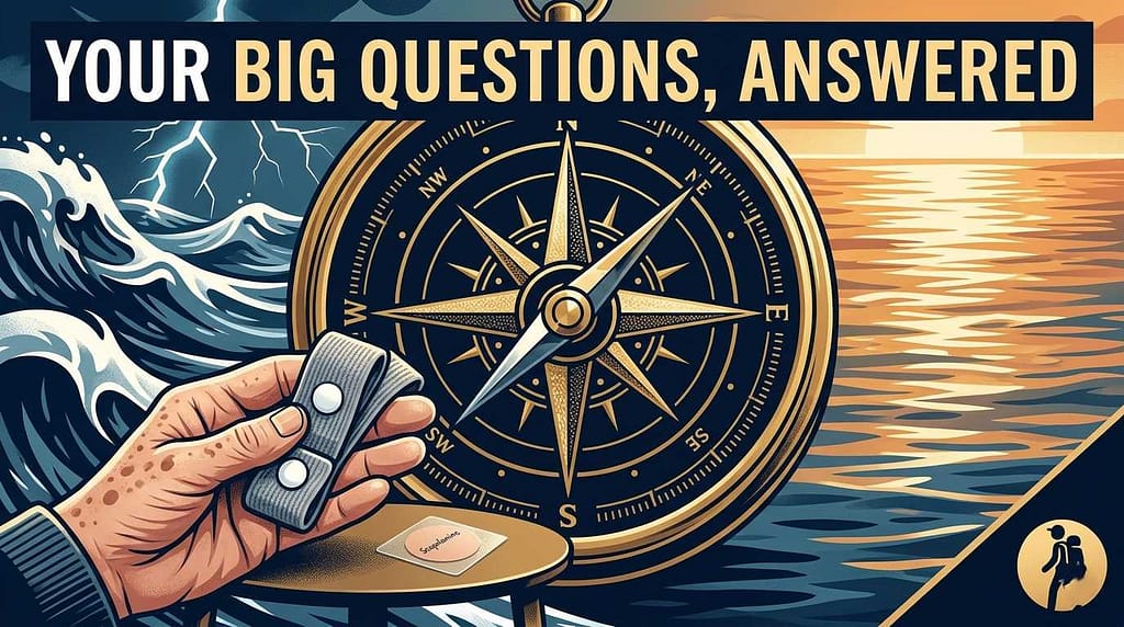 A conceptual illustration for the SSS section of cruise tips for seniors over 60, featuring a compass and sea elements.