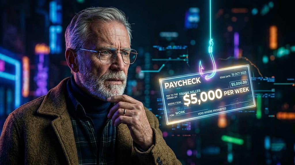 High pay rate as a bait and red flag for remote job scams targeting seniors.