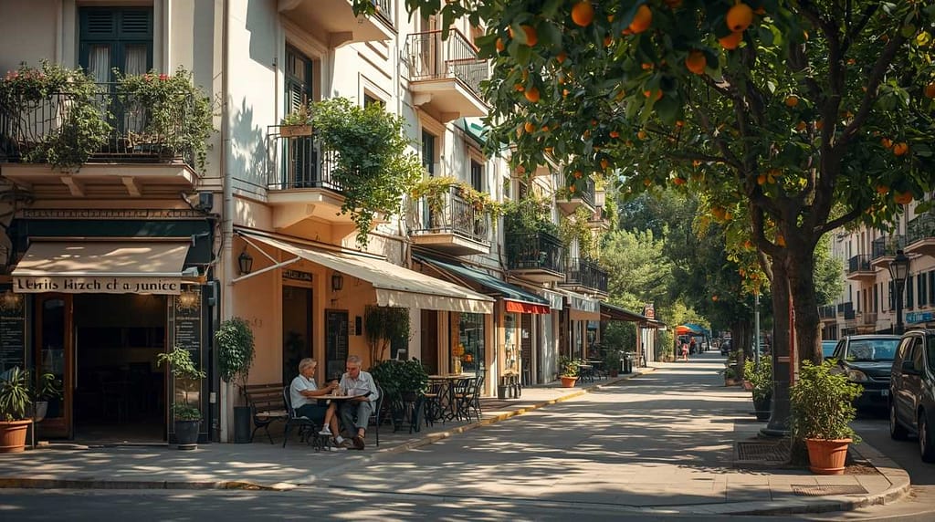 A quiet, leafy residential street in Koukaki neighborhood, Athens.
