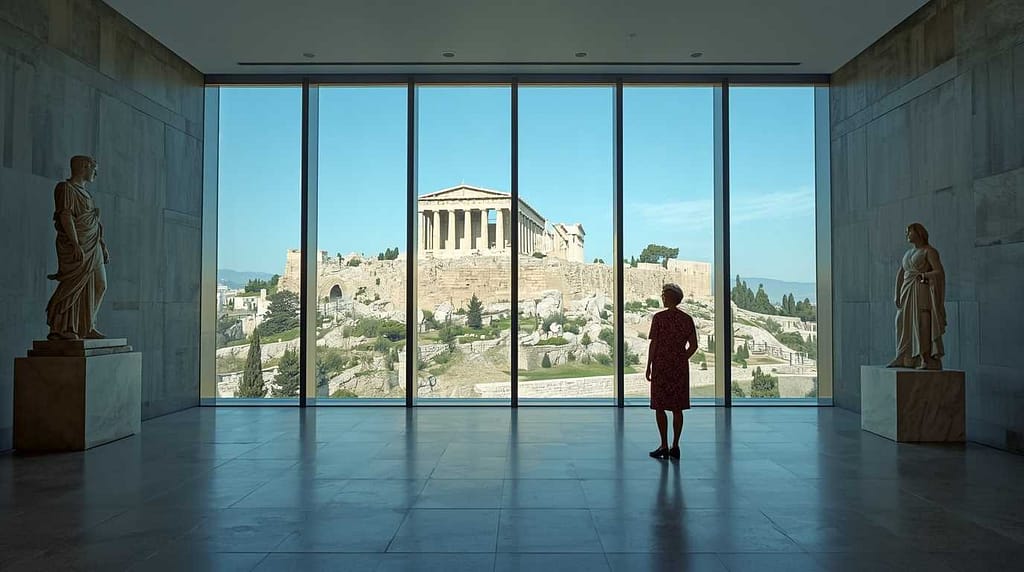 Senior tourist admiring ancient sculptures inside the modern Acropolis Museum in Athens.