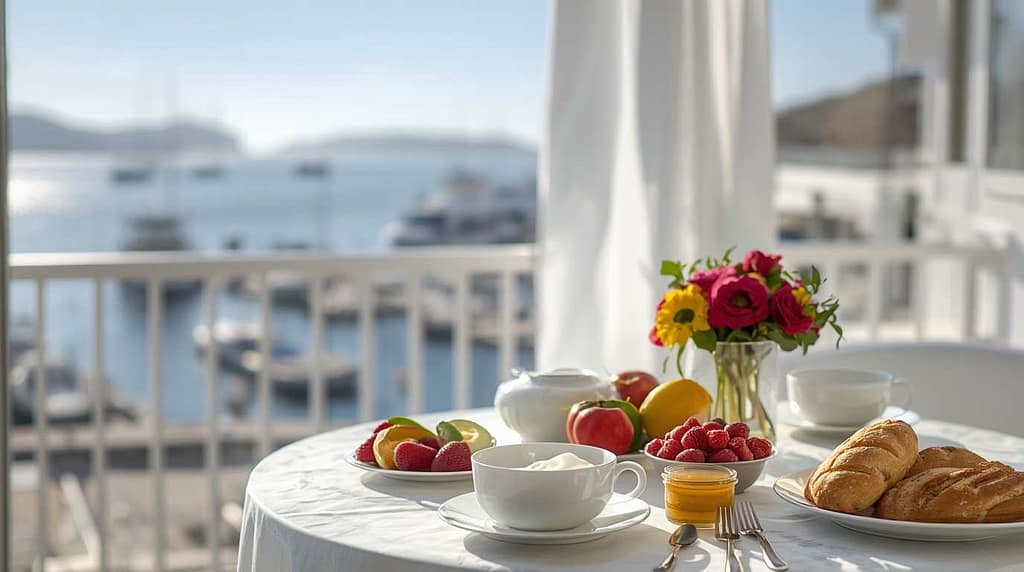 Luxurious hotel breakfast with a sea view in Nafplio, Greece.