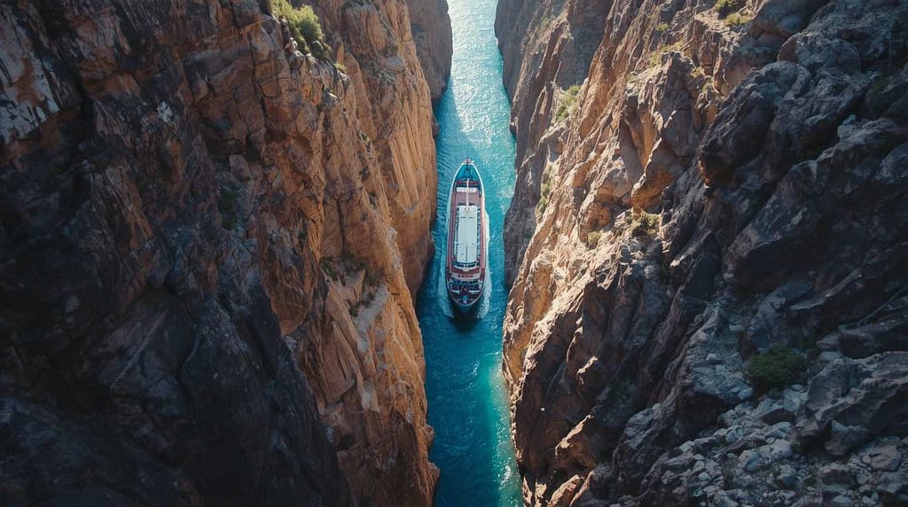 Dramatic view of the Corinth Canal while traveling to Nafplio.