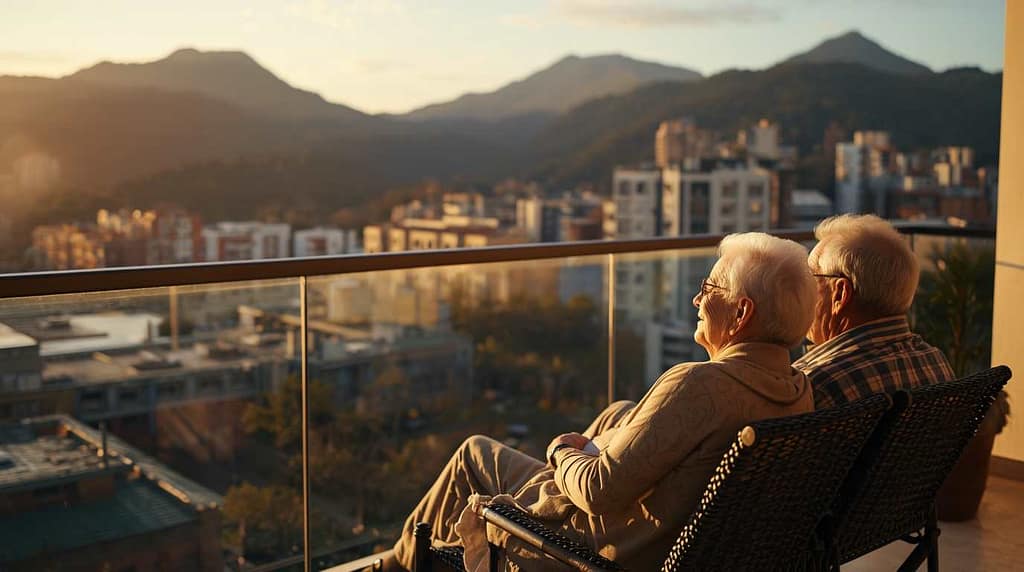 A happy American couple enjoying a sunset view over a modern Medellín skyline.
