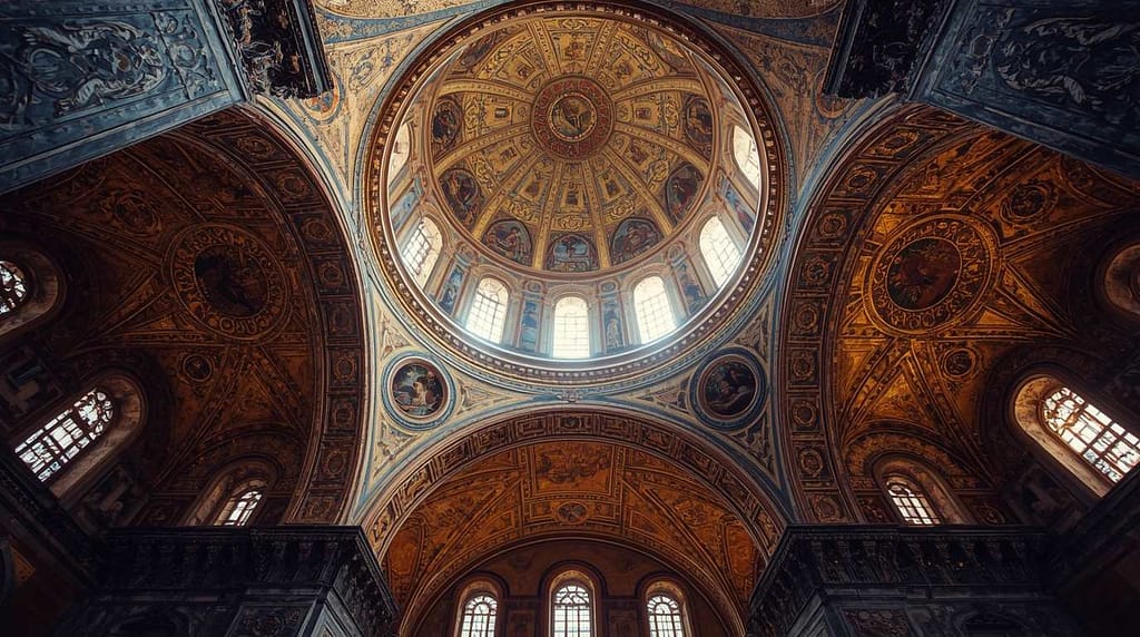 Interior of an ancient Byzantine church in Thessaloniki with golden mosaics.
