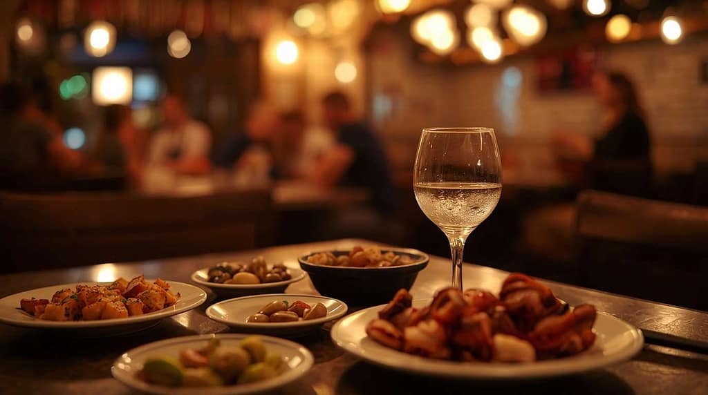 Authentic Greek meze plates and tsipouro on a table at night.