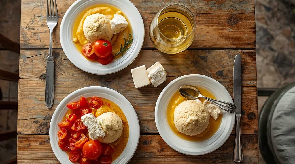 Delicious traditional Cretan food and local wine on a wooden table.