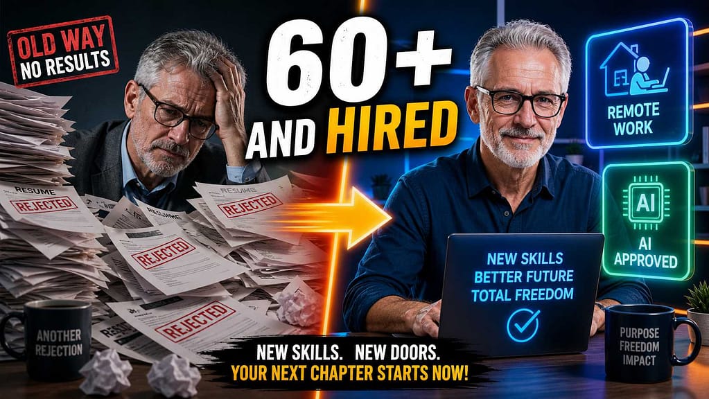 Senior professional looking frustrated with old job search methods vs modern remote system.