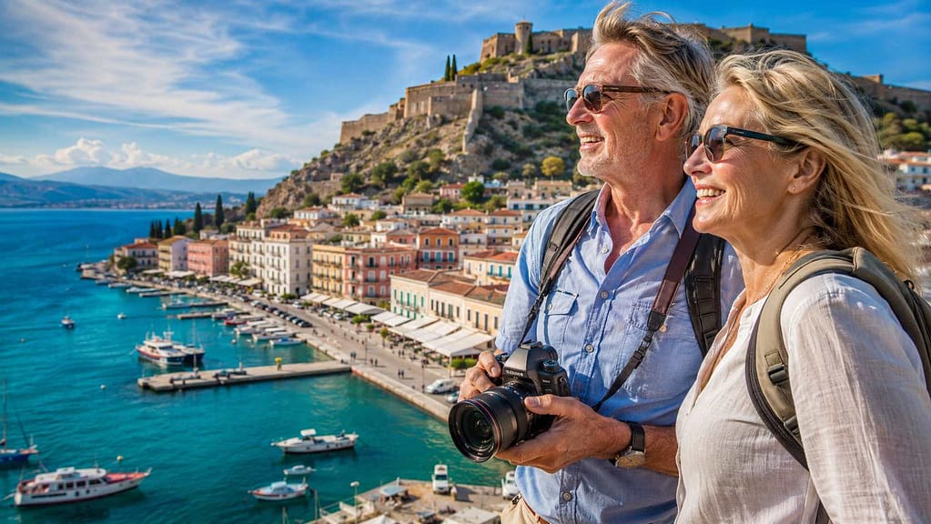 Active American couple discovering Nafplio harbor, Greece travel for seniors.