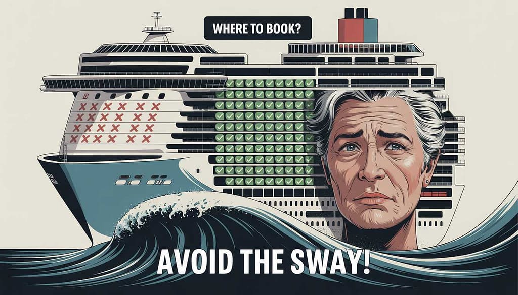 An illustration of a cruise ship showing the best cabin locations to avoid motion sickness for seniors.