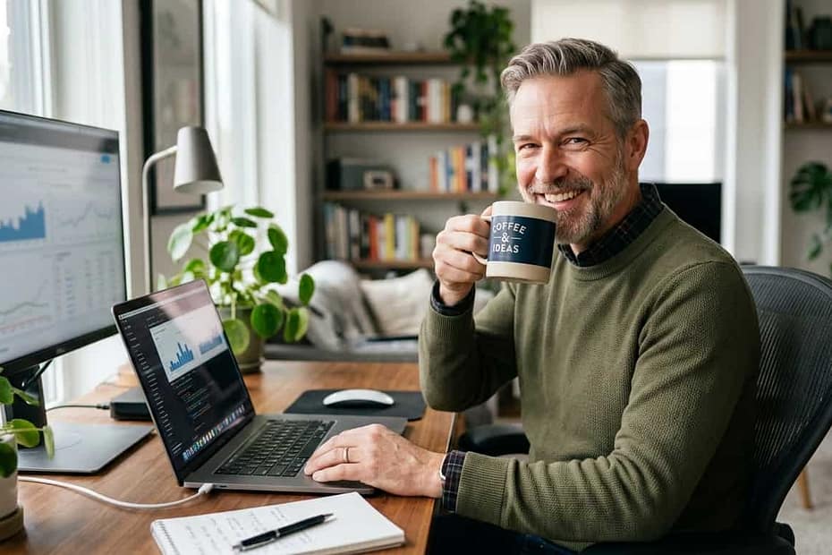 Experienced senior professional working on a laptop in a modern home office with a cup of coffee.