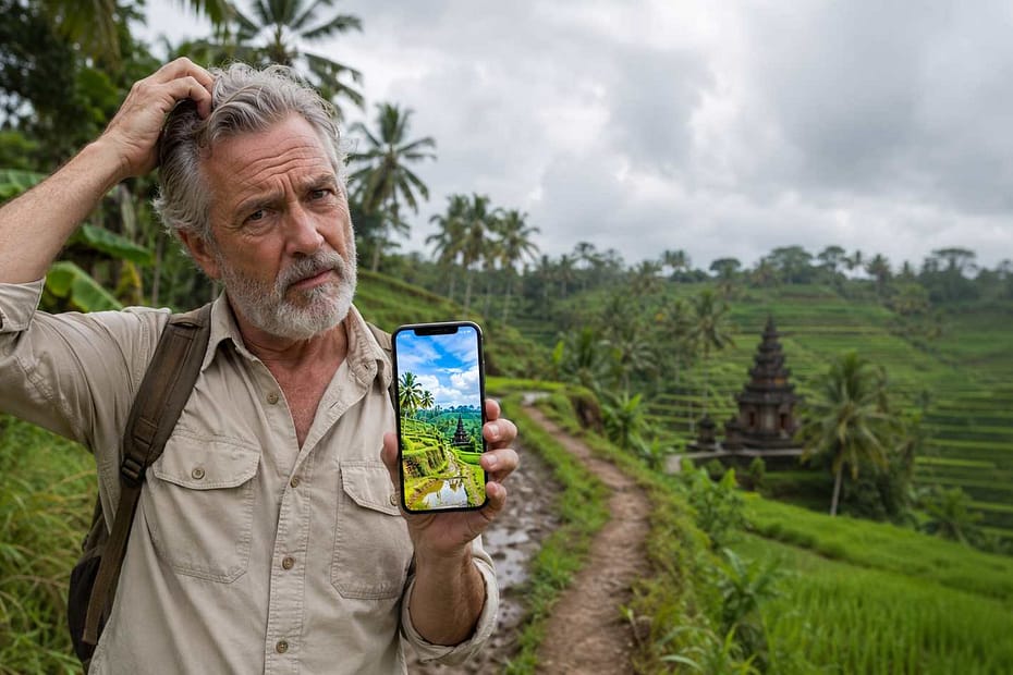 A 60-year-old American man looking skeptical at a beautiful but realistic Bali rice terrace, retirement guide comparison.