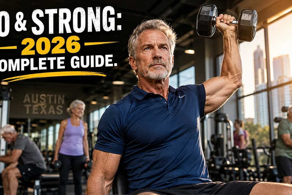 A fit senior man over 60 confidently performing a single-arm dumbbell press with a strong, determined expression, representing strength and longevity in 2026.