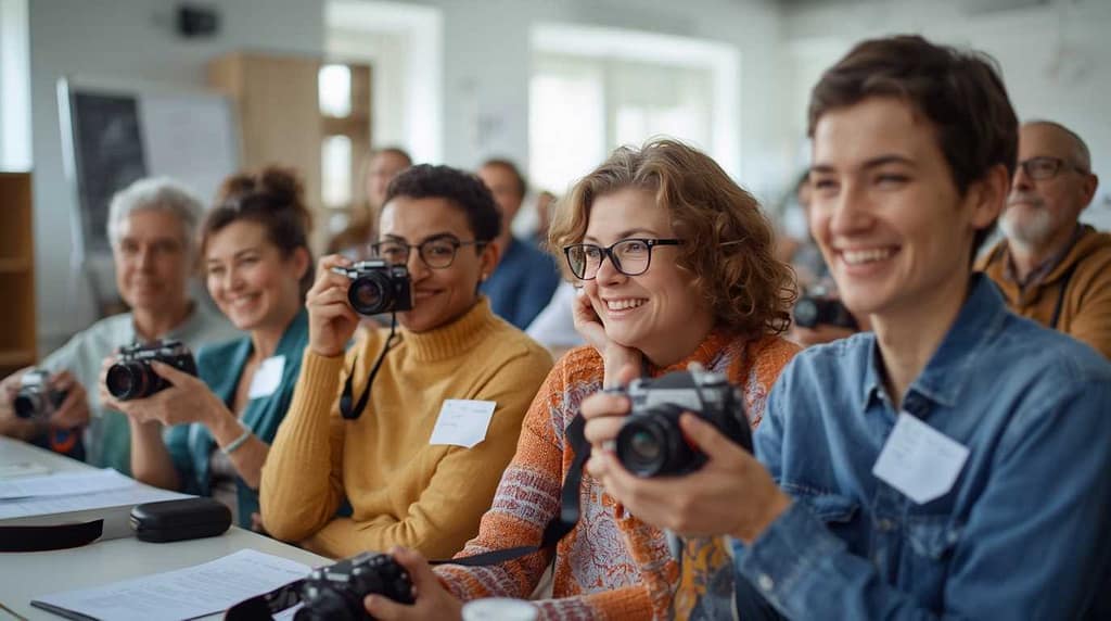 Active seniors attending a photography workshop to learn new skills.