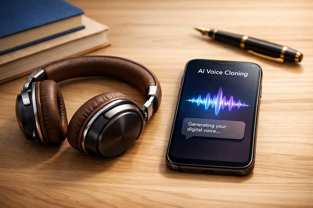 Professional headphones and a smartphone showing AI voice cloning interface for senior freelancers.