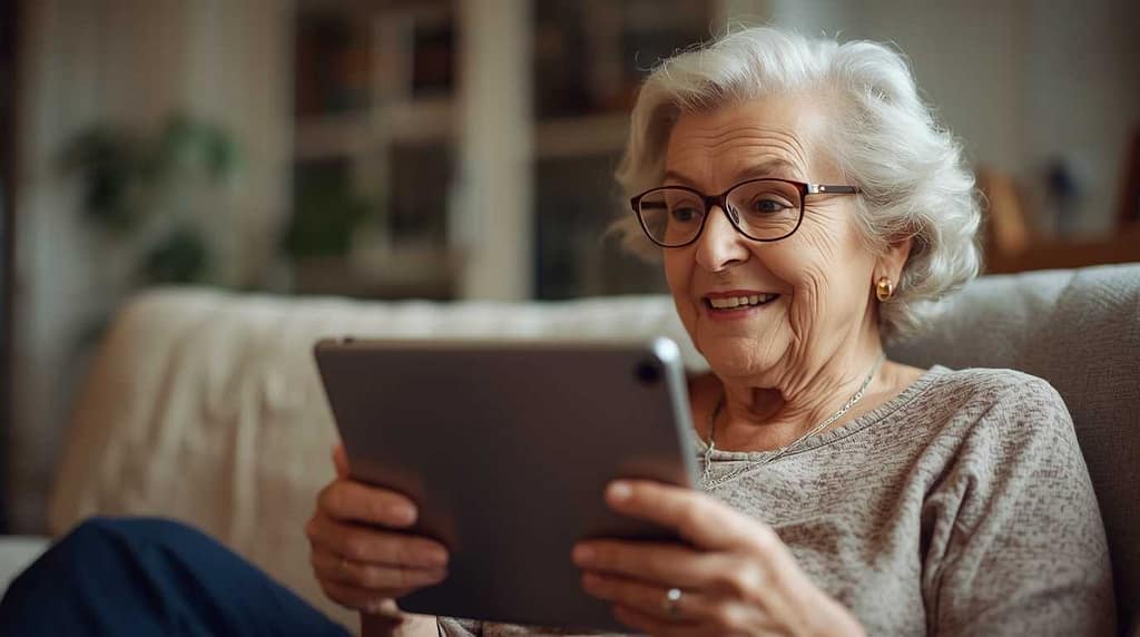 An older woman happily video calling her grandchild on a tablet.