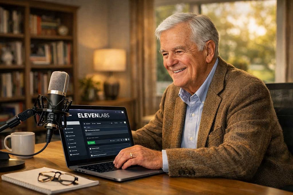 A retired senior man using ElevenLabs for seniors to create AI voiceovers in a home office.