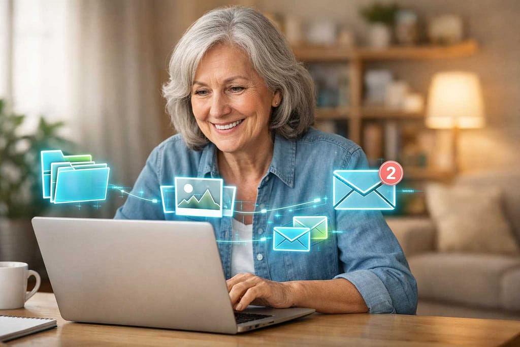 A senior woman smiling and using AI to organize digital life on her laptop.