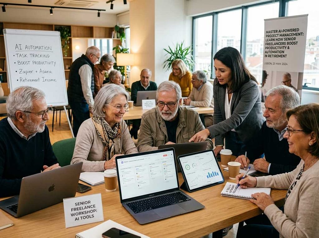 A group of diverse seniors working on laptops together in a modern cafe, representing freelancing for seniors.