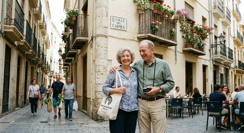 A happy retired senior couple smiling and posing in a narrow historical street of Valencia, Spain.
