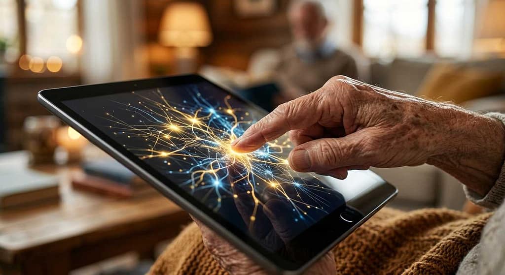 A senior woman using a laptop to make money online with AI from home.