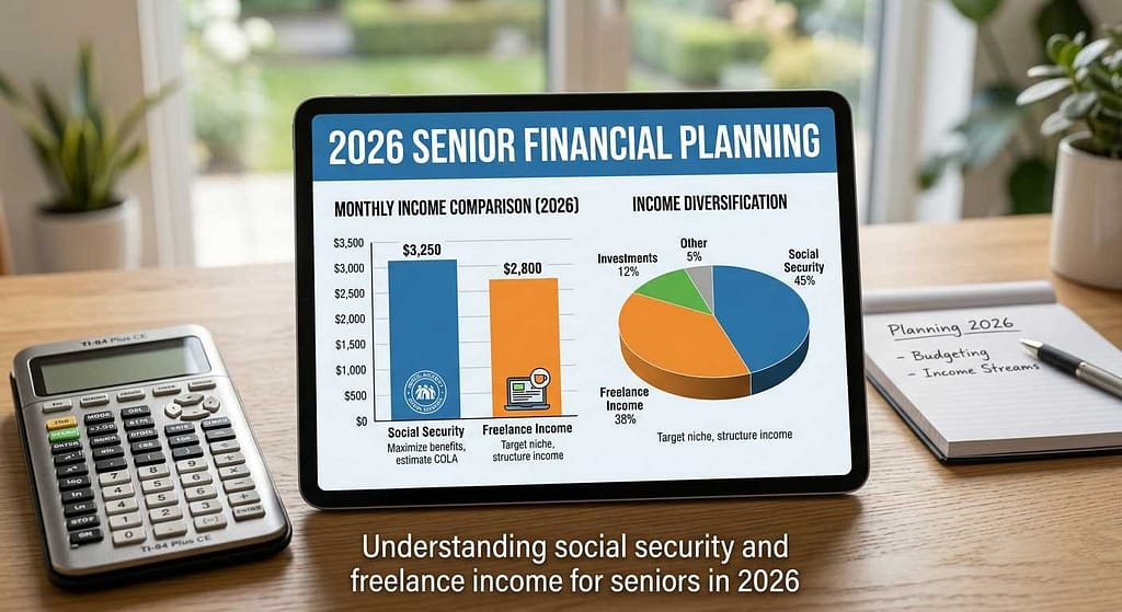 Understanding social security and freelance income for seniors in 2026: A professional financial planning infographic on a digital tablet.