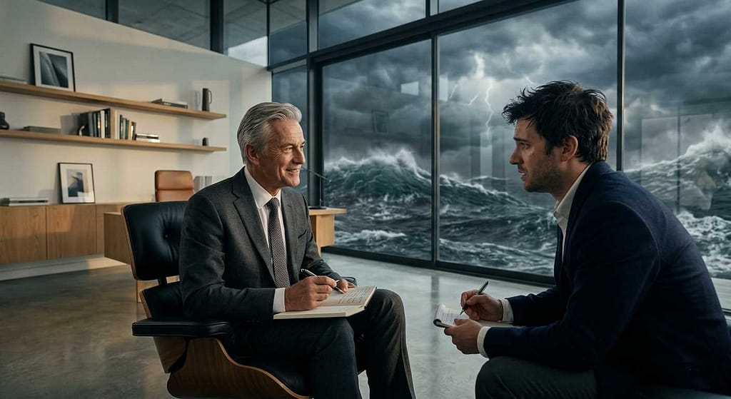 A senior professional providing executive coaching for seniors in a modern office with a storm metaphor background.