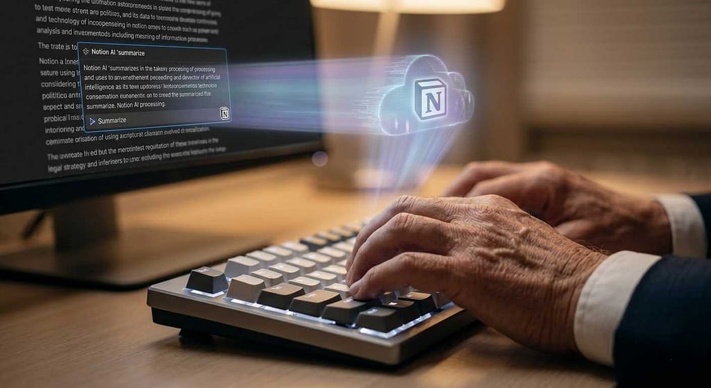 Notion AI for seniors summarizing digital text on a modern keyboard, symbolizing artificial intelligence in the professional workspace.