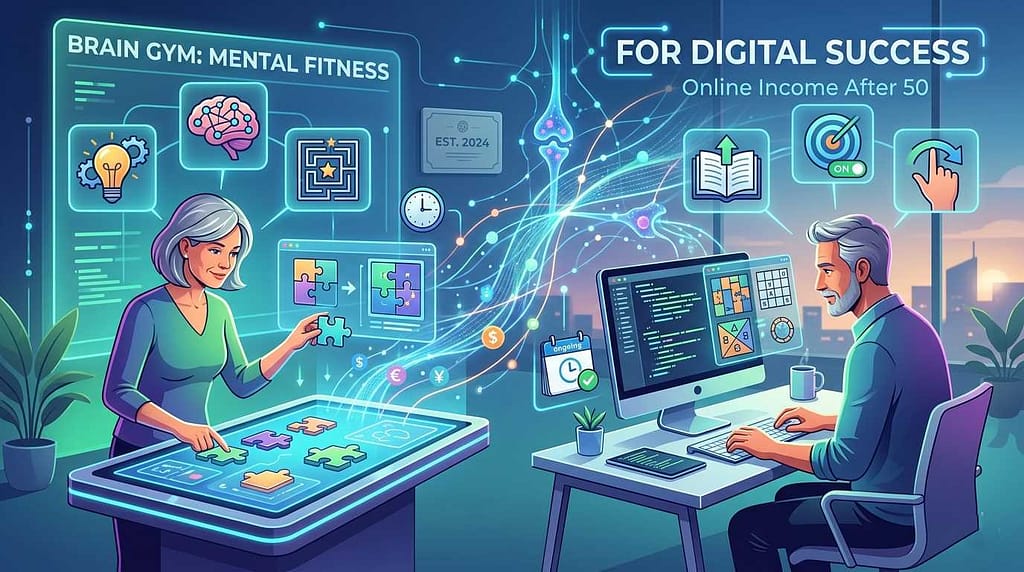 Senior-aged man and woman using digital mental fitness exercises to improve focus for online income generation after 50 in a futuristic "Brain Gym" with glowing UI elements and a city skyline at dusk.