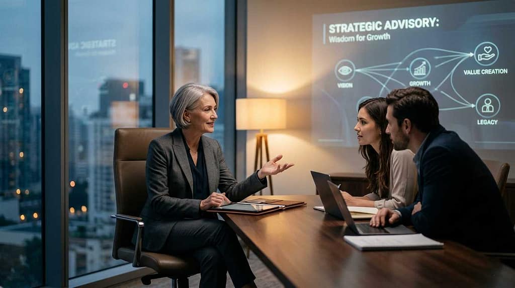 A professional senior consultant sharing strategic wisdom with young entrepreneurs in a modern office setting.