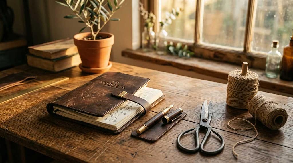 Handcrafted business tools on a wooden table with sunlight, representing time management for seniors in 2026.
