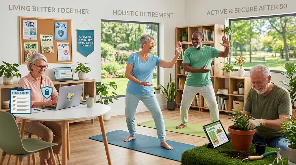 A group of active seniors enjoying a holistic retirement lifestyle, combining digital security with physical activities like tai chi and gardening in a bright community space.