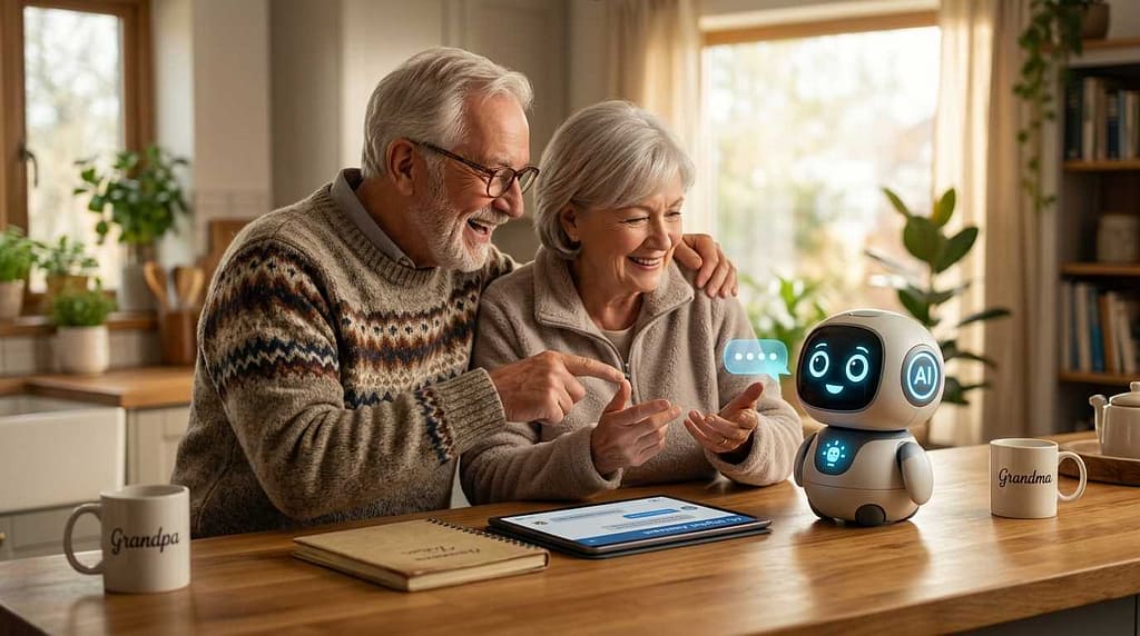A heartwarming, cozy photo of a sweet senior couple, Grandpa and Grandma, smiling warmly as they chat with a small, friendly AI digital assistant robot on their kitchen counter. They are learning how to use AI for online work and connecting to the modern economy.