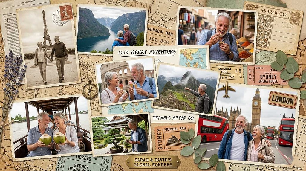 A collage of vintage and modern photos showing a happy senior couple, Sarah and David, traveling to iconic global destinations like Paris, Rome, Machu Picchu, and London, illustrating the life of senior digital nomads.
