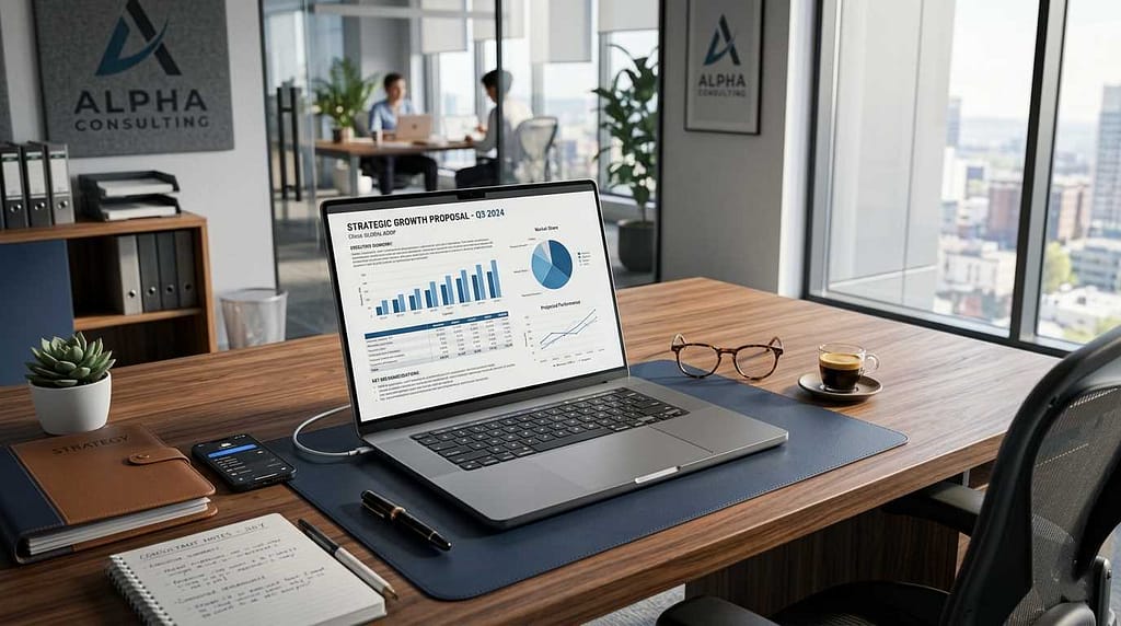 Senior expert using ChatGPT to create consulting proposals for seniors on a professional laptop.