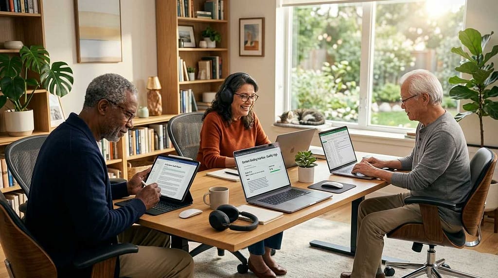 A diverse group of active seniors over 70 working on laptops and tablets in a bright, modern home office.