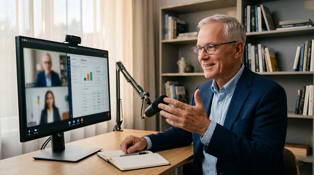 A senior professional expert discussing consulting services pricing on a video call