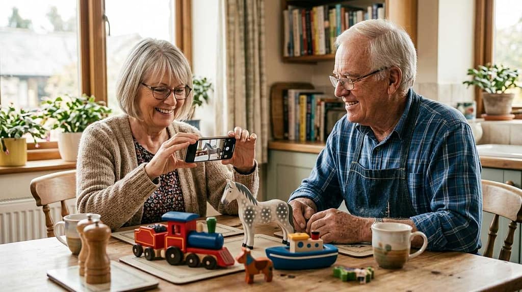 A senior couple, Robert and Linda, managing their profitable retirement hobby by photographing products for their online shop.