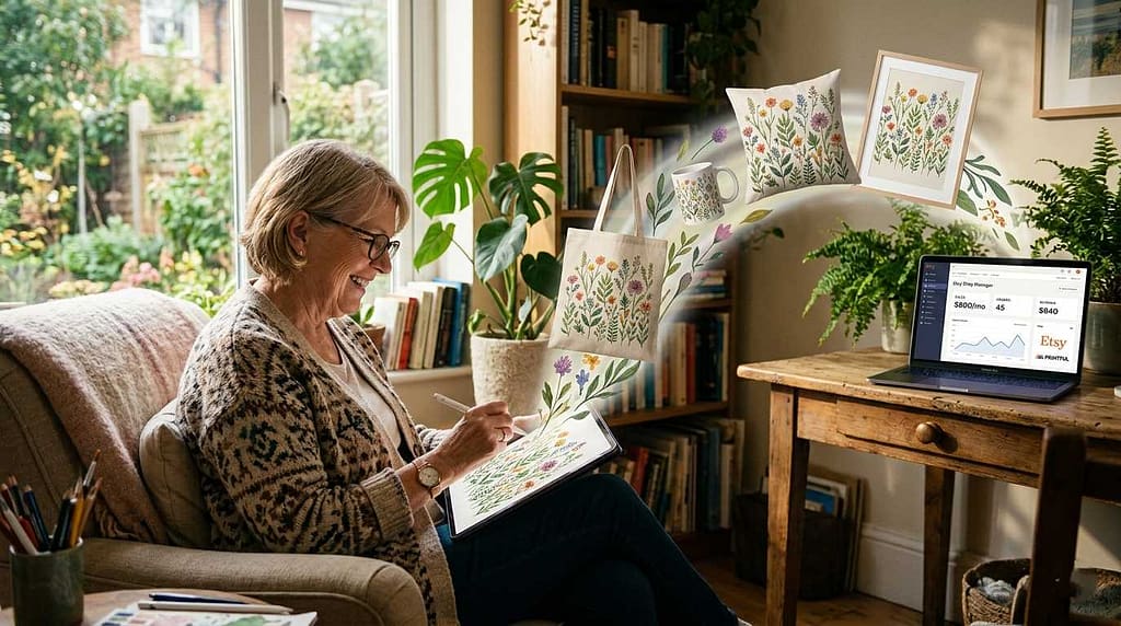 A senior woman creating digital botanical art on a tablet, with print-on-demand products like tote bags and mugs floating as finished products.